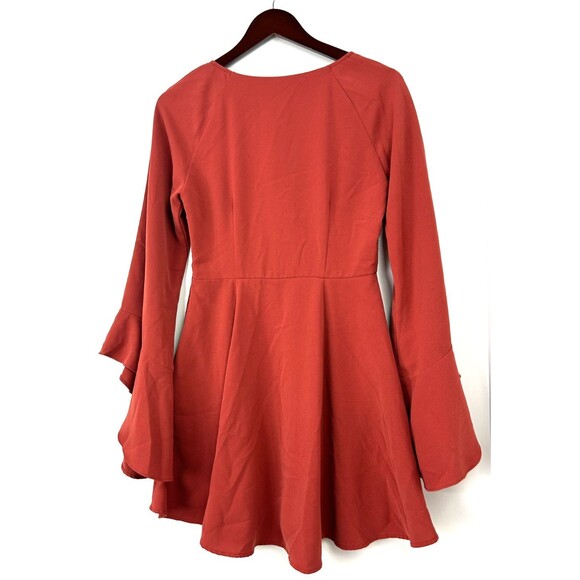DO + BE Womens Rust Dress Layered Lined Bell Sleeve Lace Tie Mini Sz M 1198N3 - Picture 6 of 12